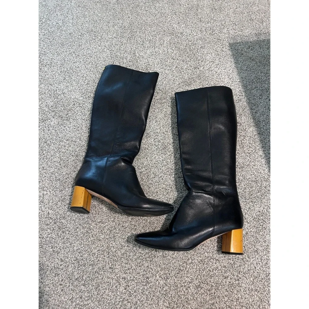Kate Spade New York‎ Black Leather Knee High Boots Block Heel Zip Back